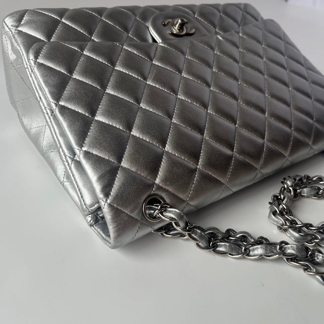 [Rare] Chanel Classic Flap Maxi Silver Lambskin Leather Single Flap Silver Hardware 2011