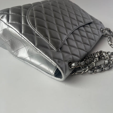 [Rare] Chanel Classic Flap Maxi Silver Lambskin Leather Single Flap Silver Hardware 2011