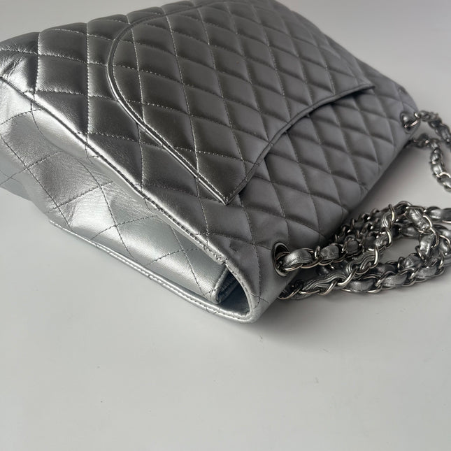 [Rare] Chanel Classic Flap Maxi Silver Lambskin Leather Single Flap Silver Hardware 2011