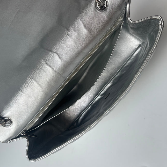 [Rare] Chanel Classic Flap Maxi Silver Lambskin Leather Single Flap Silver Hardware 2011