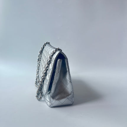 [Rare] Chanel Classic Flap Maxi Silver Lambskin Leather Single Flap Silver Hardware 2011