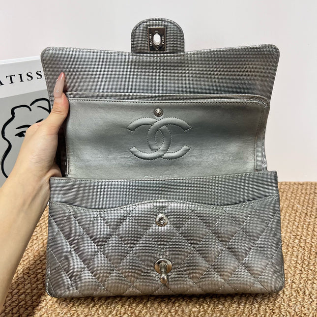 Chanel Classic Flap Medium 2016 Metallic Grey Pixel Effect Calfskin Leather Silver Hardware