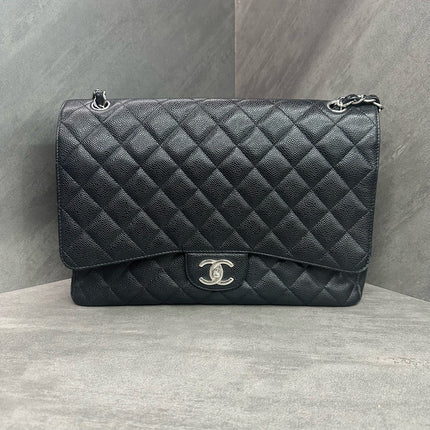 Chanel Classic Flap Maxi Black Caviar Leather Double Flap Sliver Hardware 2012