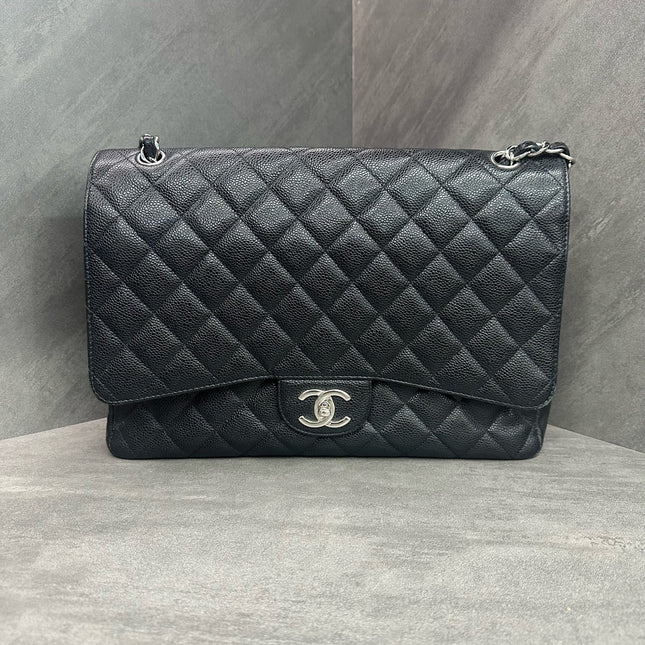 Chanel Classic Flap Maxi Black Caviar Leather Double Flap Sliver Hardware 2012-Luxbags