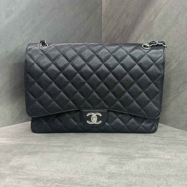 Chanel Classic Flap Maxi Black Caviar Leather Double Flap Sliver Hardware 2012