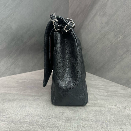 Chanel Classic Flap Maxi Black Caviar Leather Double Flap Sliver Hardware 2012