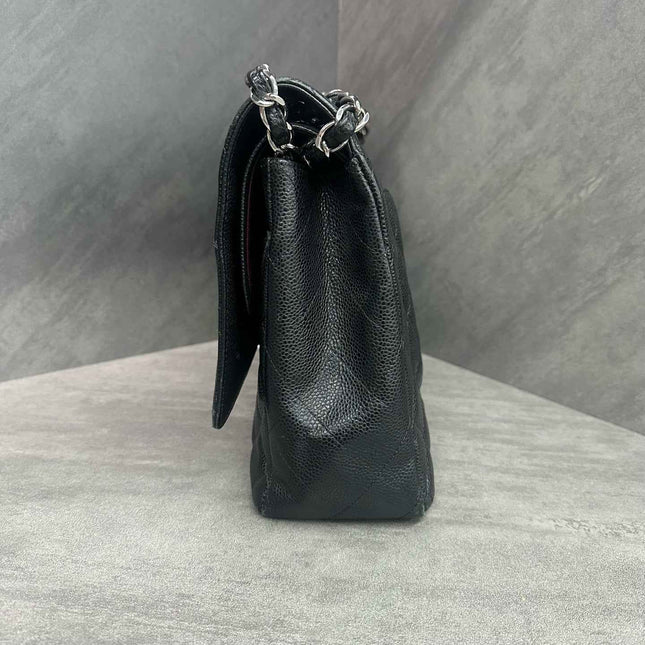 Chanel Classic Flap Maxi Black Caviar Leather Double Flap Sliver Hardware 2012