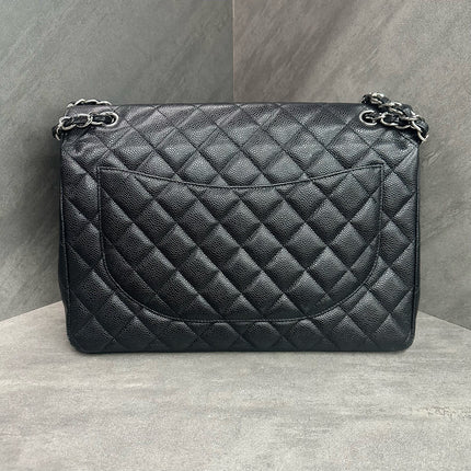 Chanel Classic Flap Maxi Black Caviar Leather Double Flap Sliver Hardware 2012