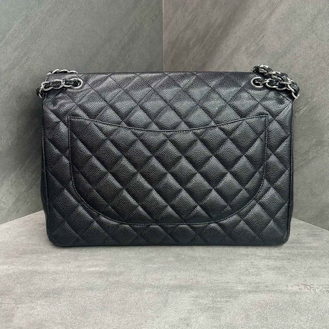 Chanel Classic Flap Maxi Black Caviar Leather Double Flap Sliver Hardware 2012