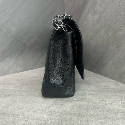 Chanel Classic Flap Maxi Black Caviar Leather Double Flap Sliver Hardware 2012