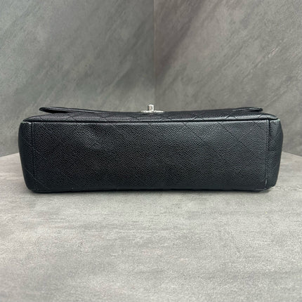 Chanel Classic Flap Maxi Black Caviar Leather Double Flap Sliver Hardware 2012
