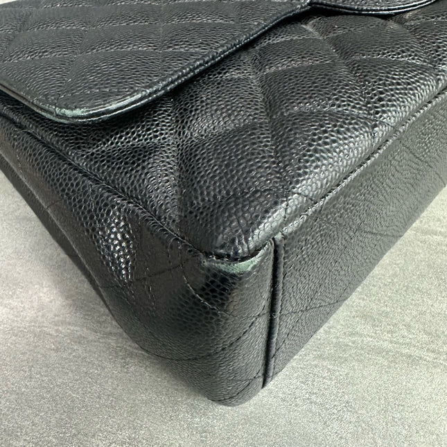 Chanel Classic Flap Maxi Black Caviar Leather Double Flap Sliver Hardware 2012