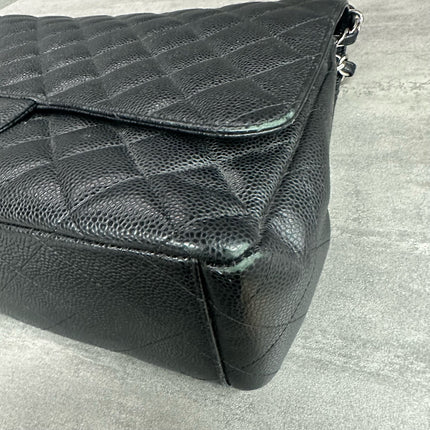 Chanel Classic Flap Maxi Black Caviar Leather Double Flap Sliver Hardware 2012