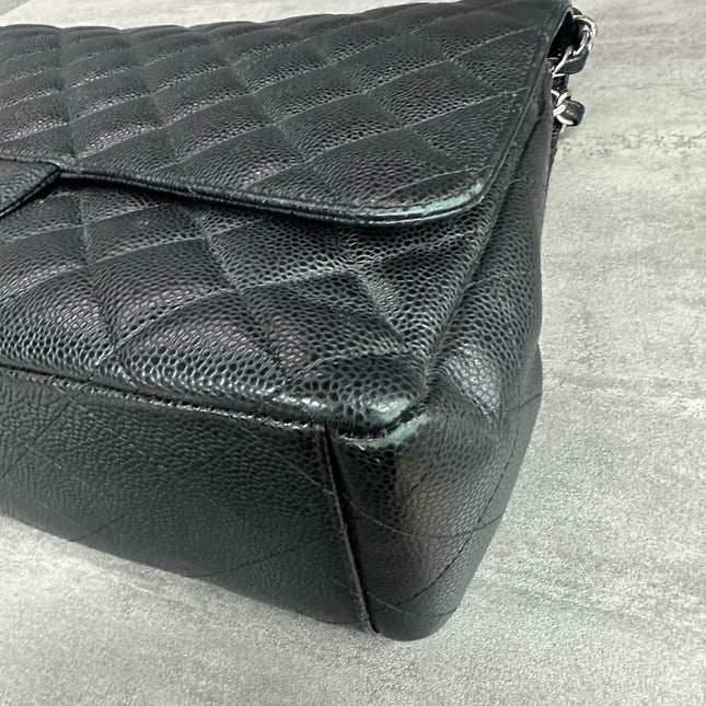 Chanel Classic Flap Maxi Black Caviar Leather Double Flap Sliver Hardware 2012