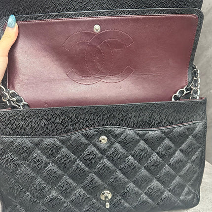 Chanel Classic Flap Maxi Black Caviar Leather Double Flap Sliver Hardware 2012