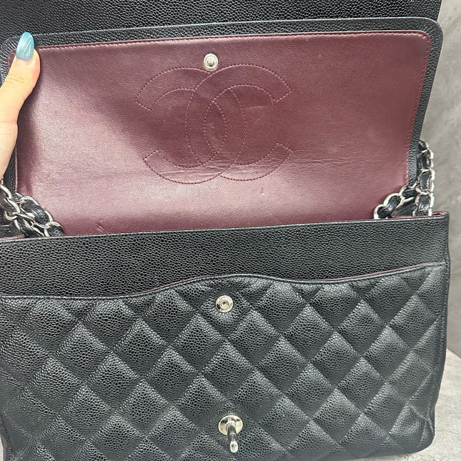 Chanel Classic Flap Maxi Black Caviar Leather Double Flap Sliver Hardware 2012