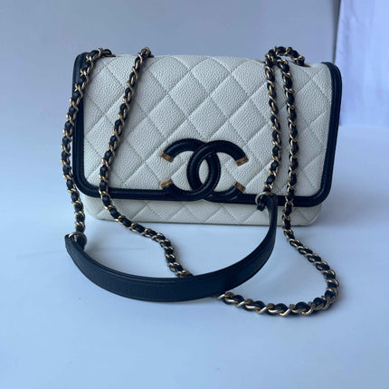 Chanel Filigree Flap Bag Caviar Leather Small White with Black Trim