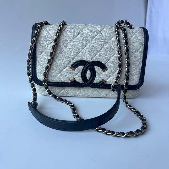 Chanel Filigree Flap Bag Caviar Leather Small White with Black Trim
