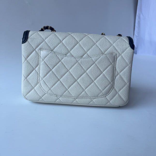 Chanel Filigree Flap Bag Caviar Leather Small White with Black Trim