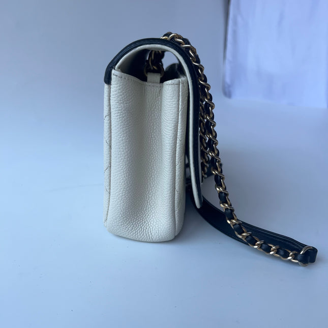 Chanel Filigree Flap Bag Caviar Leather Small White with Black Trim