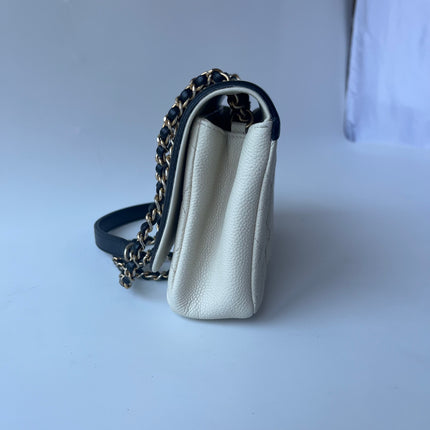 Chanel Filigree Flap Bag Caviar Leather Small White with Black Trim