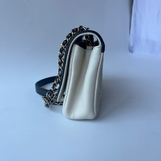 Chanel Filigree Flap Bag Caviar Leather Small White with Black Trim