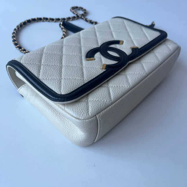 Chanel Filigree Flap Bag Caviar Leather Small White with Black Trim