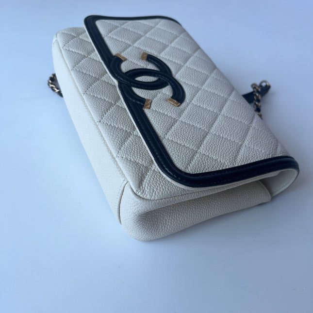 Chanel Filigree Flap Bag Caviar Leather Small White with Black Trim