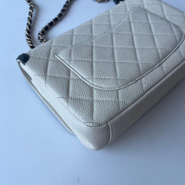Chanel Filigree Flap Bag Caviar Leather Small White with Black Trim