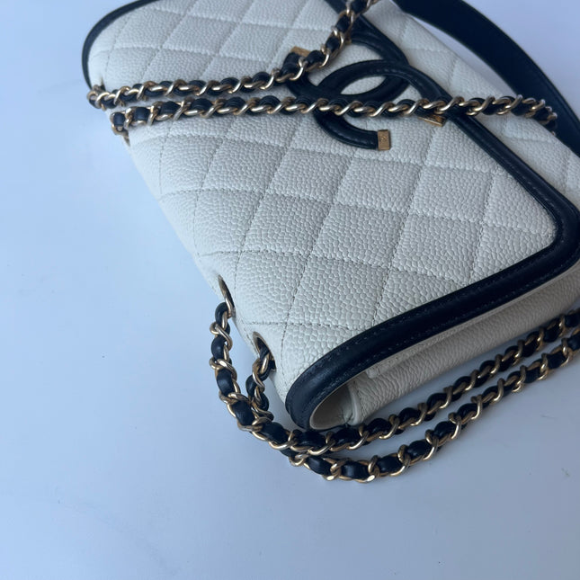 Chanel Filigree Flap Bag Caviar Leather Small White with Black Trim