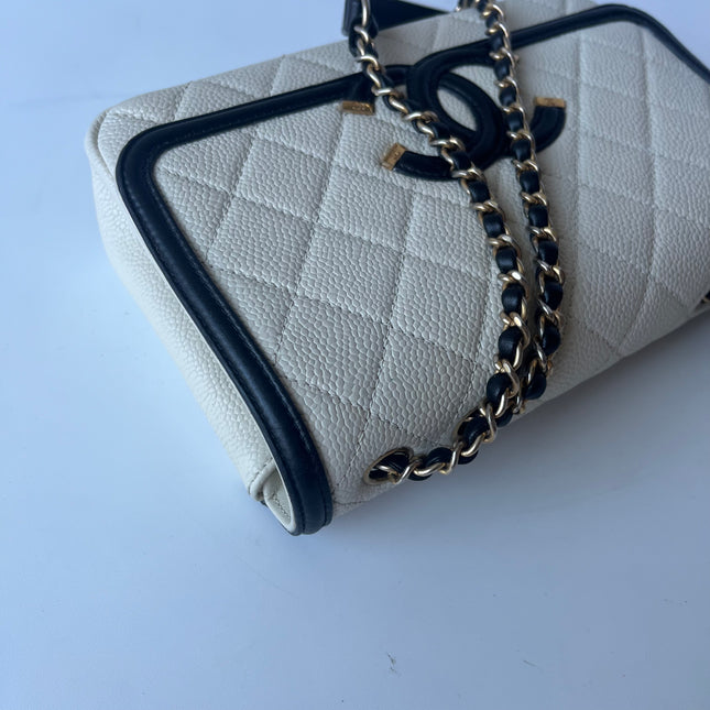 Chanel Filigree Flap Bag Caviar Leather Small White with Black Trim