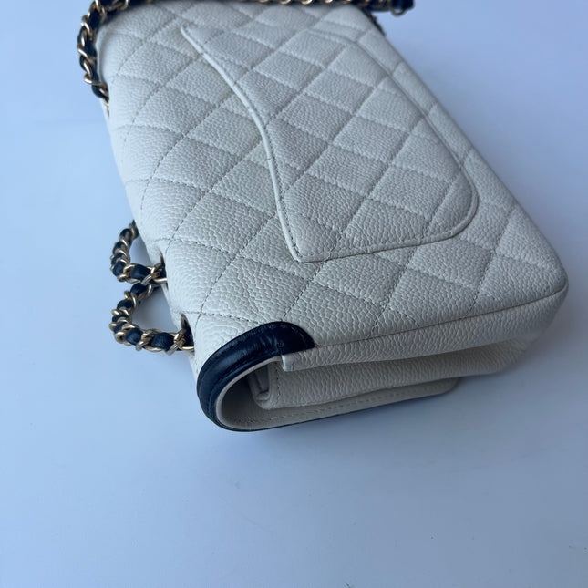 Chanel Filigree Flap Bag Caviar Leather Small White with Black Trim