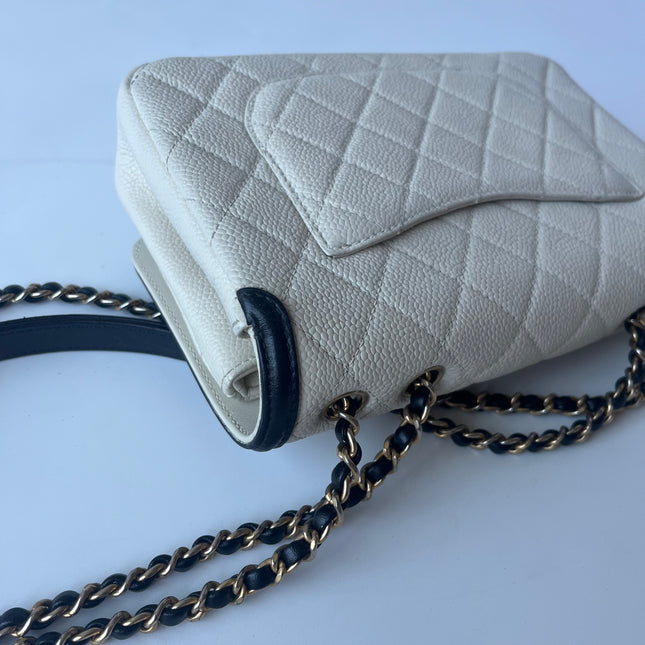 Chanel Filigree Flap Bag Caviar Leather Small White with Black Trim