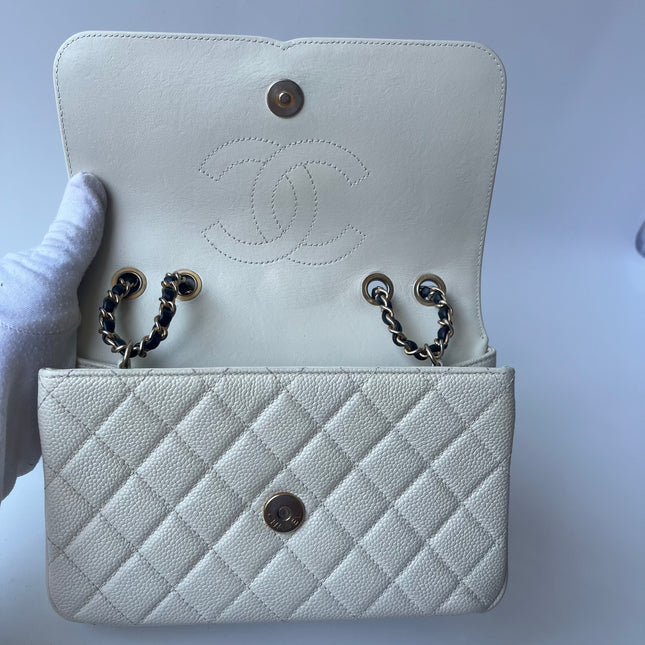 Chanel Filigree Flap Bag Caviar Leather Small White with Black Trim