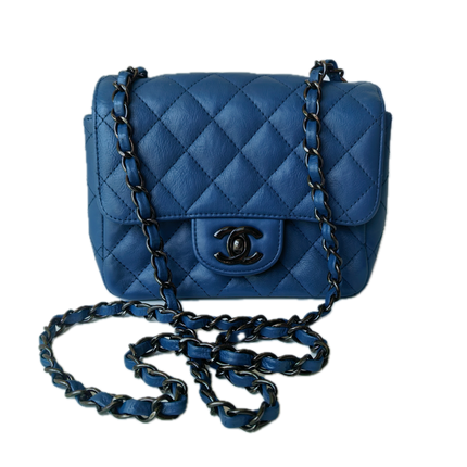 Chanel Classic Flap Mini Square Quilted Blue Calfskin Leather Silver Hardware Crossbody Bag