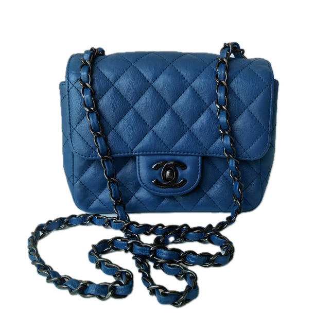 Chanel Classic Flap Mini Square Quilted Blue Calfskin Leather Silver Hardware Crossbody Bag