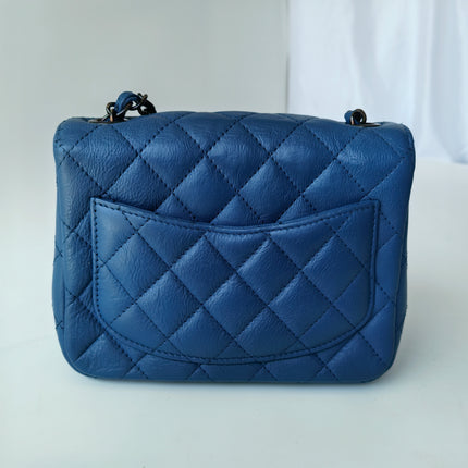 Chanel Classic Flap Mini Square Quilted Blue Calfskin Leather Silver Hardware Crossbody Bag