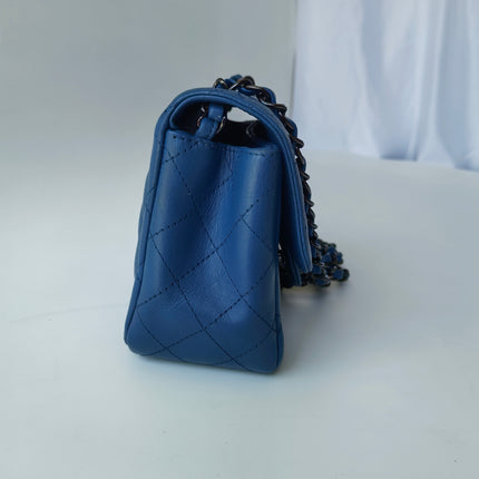 Chanel Classic Flap Mini Square Quilted Blue Calfskin Leather Silver Hardware Crossbody Bag