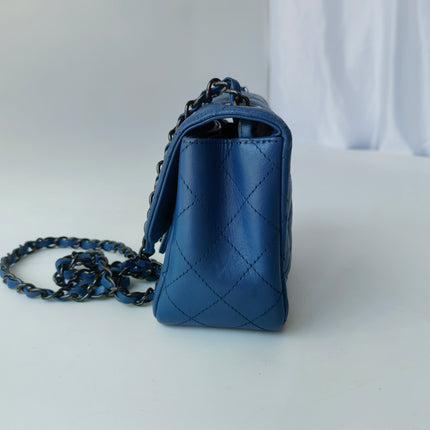 Chanel Classic Flap Mini Square Quilted Blue Calfskin Leather Silver Hardware Crossbody Bag