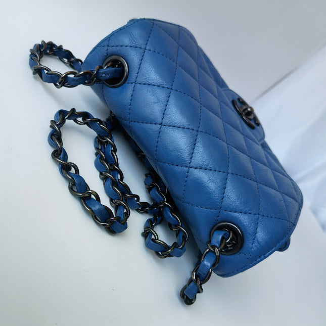 Chanel Classic Flap Mini Square Quilted Blue Calfskin Leather Silver Hardware Crossbody Bag