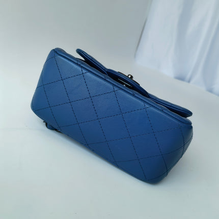 Chanel Classic Flap Mini Square Quilted Blue Calfskin Leather Silver Hardware Crossbody Bag