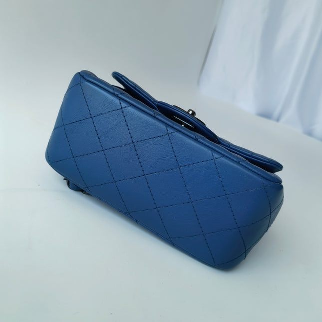 Chanel Classic Flap Mini Square Quilted Blue Calfskin Leather Silver Hardware Crossbody Bag