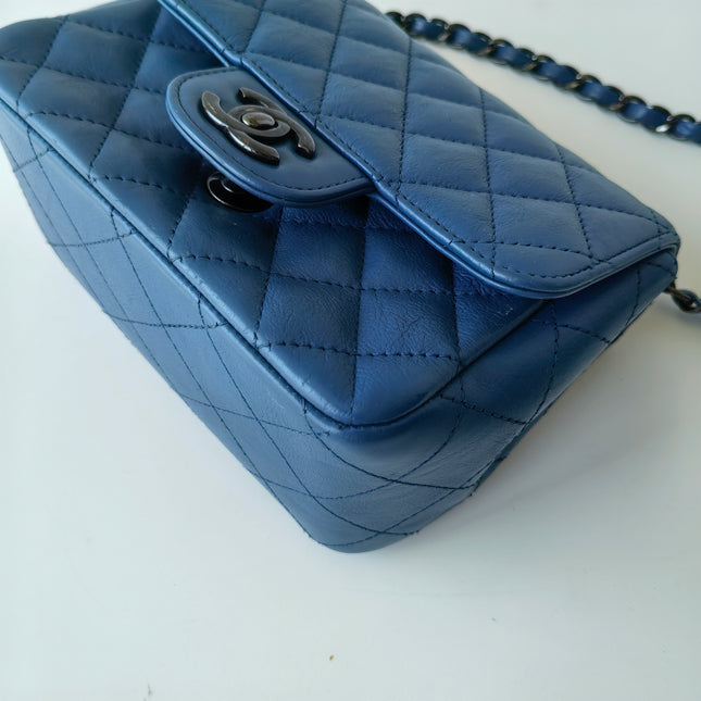 Chanel Classic Flap Mini Square Quilted Blue Calfskin Leather Silver Hardware Crossbody Bag