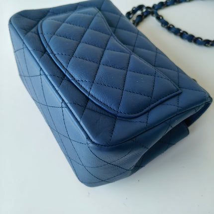 Chanel Classic Flap Mini Square Quilted Blue Calfskin Leather Silver Hardware Crossbody Bag