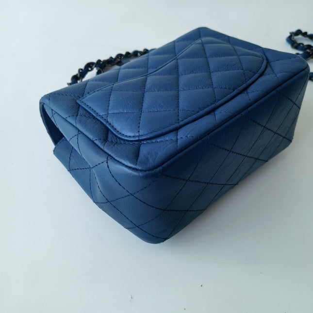 Chanel Classic Flap Mini Square Quilted Blue Calfskin Leather Silver Hardware Crossbody Bag