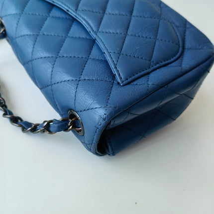 Chanel Classic Flap Mini Square Quilted Blue Calfskin Leather Silver Hardware Crossbody Bag