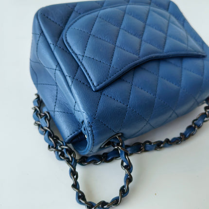 Chanel Classic Flap Mini Square Quilted Blue Calfskin Leather Silver Hardware Crossbody Bag