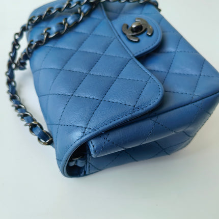 Chanel Classic Flap Mini Square Quilted Blue Calfskin Leather Silver Hardware Crossbody Bag