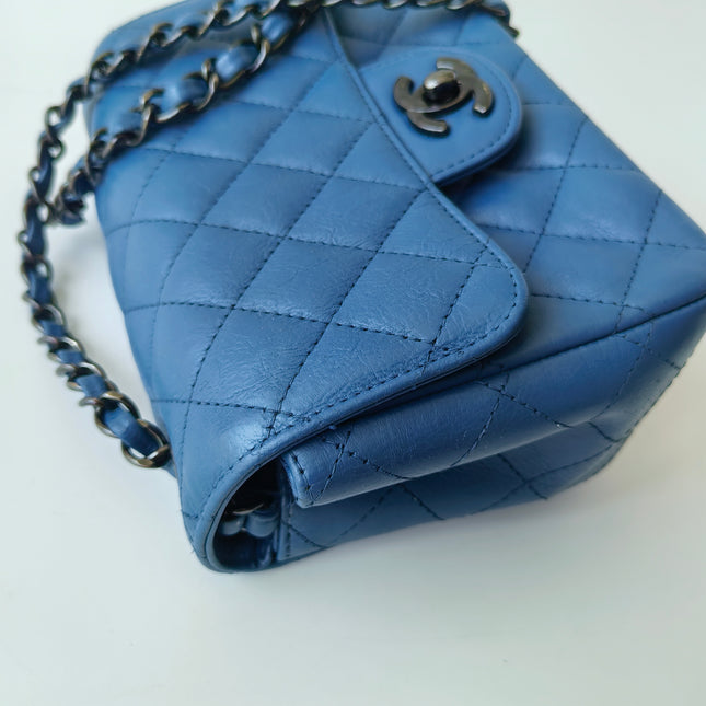 Chanel Classic Flap Mini Square Quilted Blue Calfskin Leather Silver Hardware Crossbody Bag