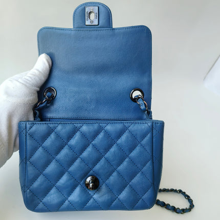 Chanel Classic Flap Mini Square Quilted Blue Calfskin Leather Silver Hardware Crossbody Bag